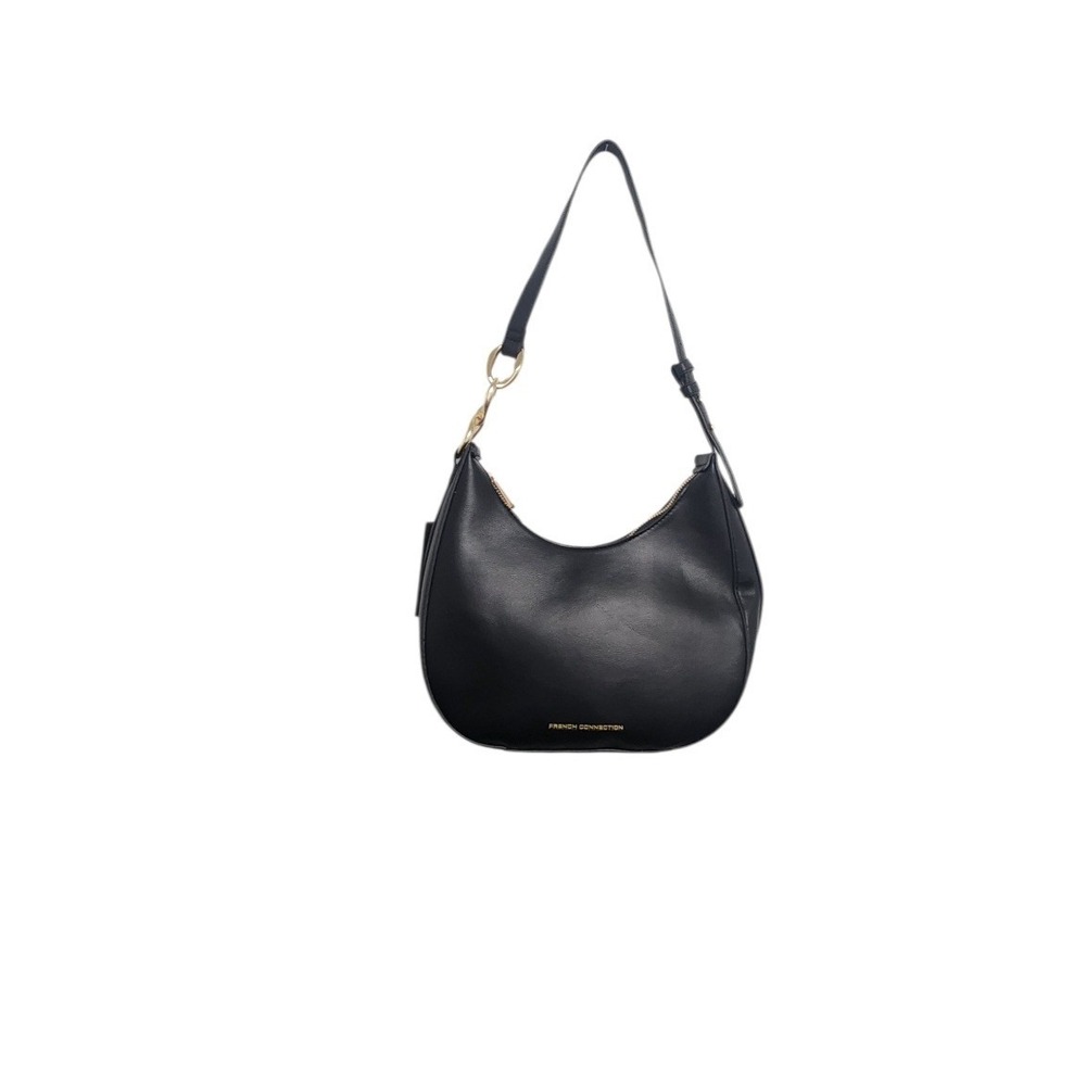 French Connection Moritz Textured Smooth Hobo Bag Black Gold Chain FCS25114-BLAK